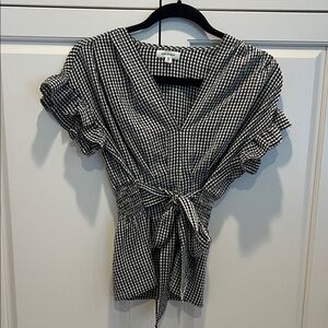 Max studio XS Monochrome Gingham Tie-Front Blouse chic black and white👍